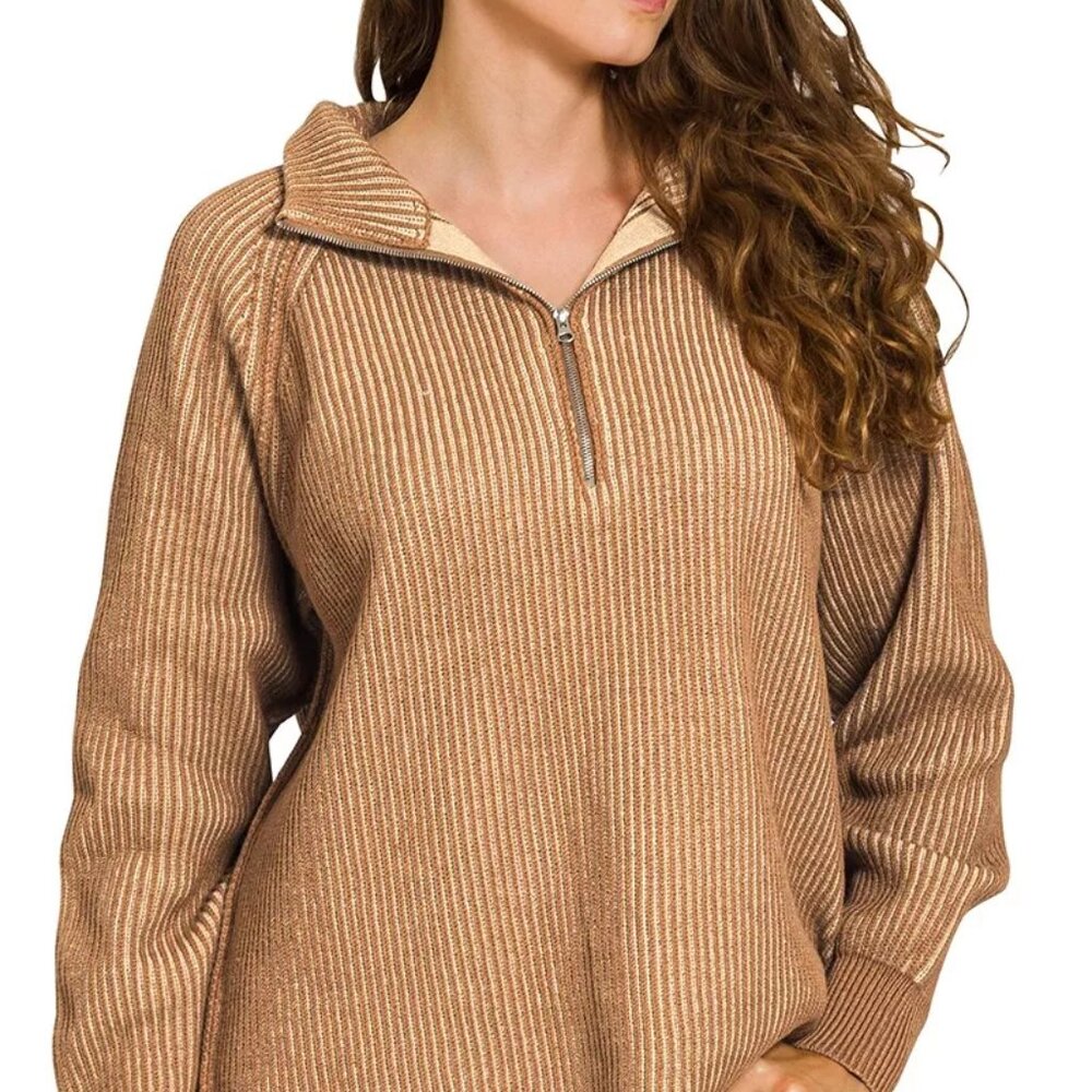 Zenana Ribbed Two‎ Tone Half Zip Sweater